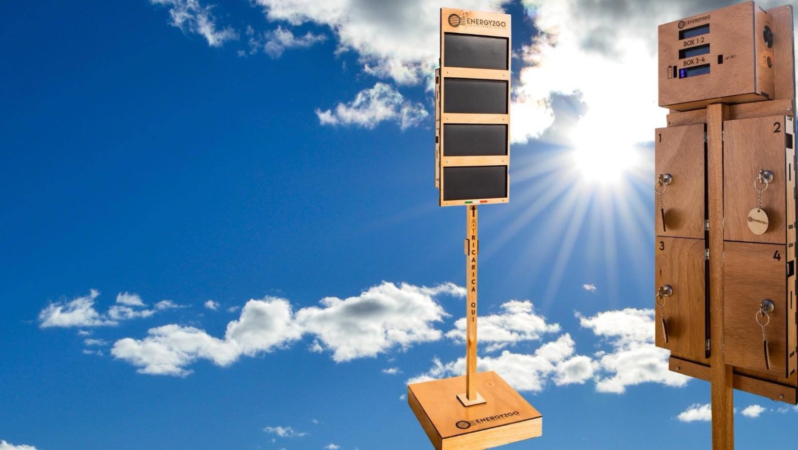 Colonnina di ricarica solare ENERGY2GO sotto il sole, fronte e retro con i box
